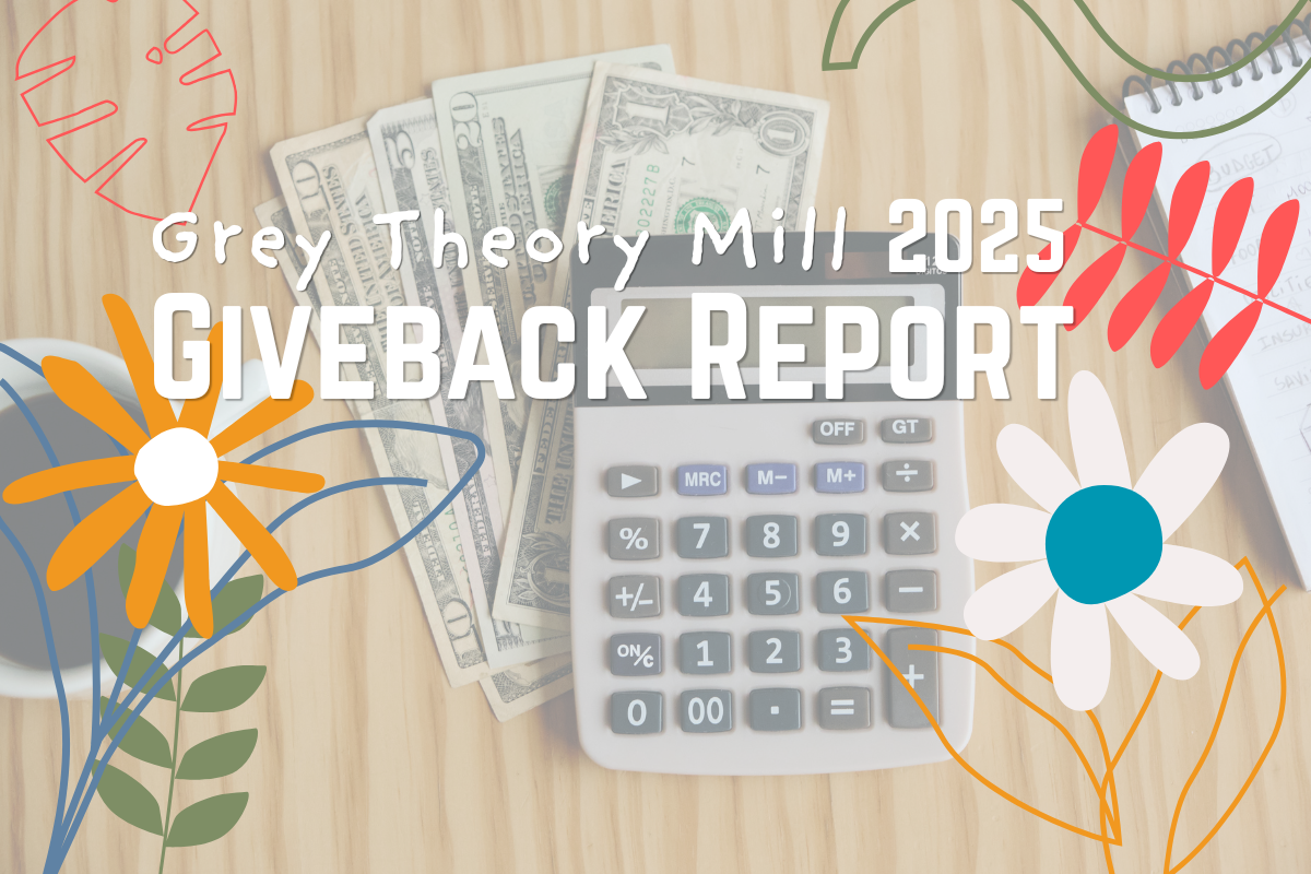a classic calculator sits on top of US paper money. flower and leaf elements are on top and it reads Grey Theory Mill 2025 Giveback report