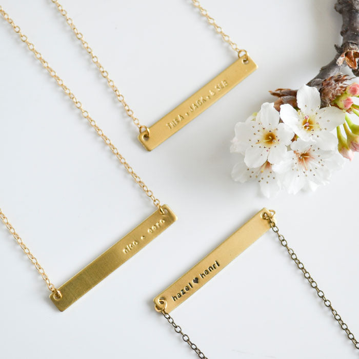 Mother's Day Necklaces, Custom Hand Stamped Bar Necklace with kid or fur baby names