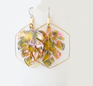 Tortoise Shell Monstera Acetate Dangle Earrings in PISTACHIO or WATERCOLOR - LIMITED RELEASE