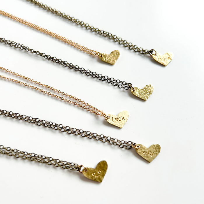 Hand Stamped Tiny Heart Necklace - mama, salty, baddie, fuck, DON'T PANIC! & o_o