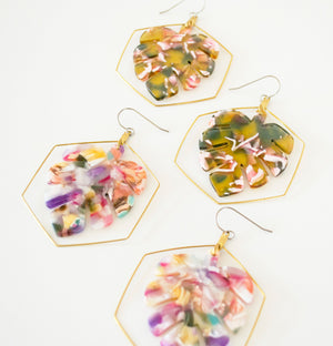 Tortoise Shell Monstera Acetate Dangle Earrings in PISTACHIO or WATERCOLOR - LIMITED RELEASE