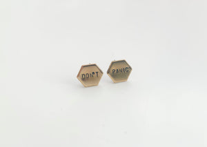 DON'T PANIC! Hand-Stamped Hexagon Earrings - made/w hypoallergenic titanium earring posts