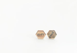 DON'T PANIC! Hand-Stamped Hexagon Earrings - made/w hypoallergenic titanium earring posts