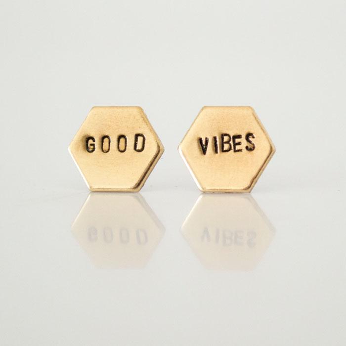 GOOD VIBES Earrings – Hand Stamped Brass Hexagon Earrings | Minimalist Jewelry, Gift for Friend or Coworker