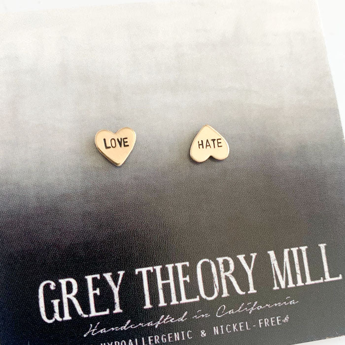 LOVE HATE, Heart Hand Stamped Earrings -- LIMITED RELEASE