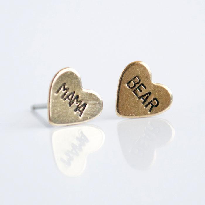 MAMA BEAR, Hand Stamped Heart Earrings