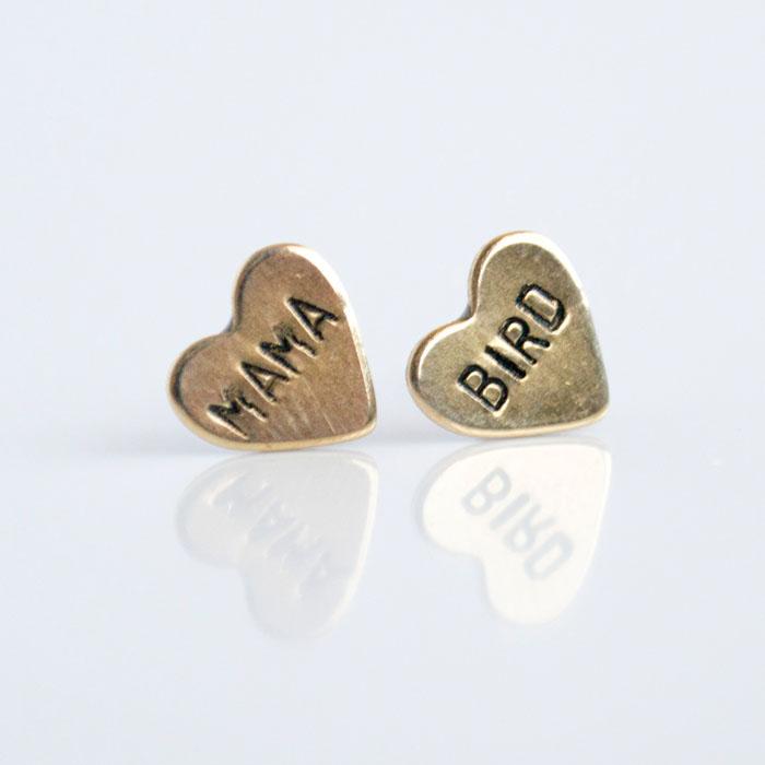 MAMA BIRD, Hand Stamped Heart Earrings