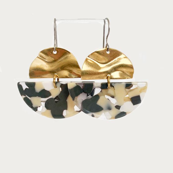 Lightweight Tortoise Shell Dangle Earrings – Black and White Acetate with Brass Semi-Circle – Titanium Hooks, Hypoallergenic