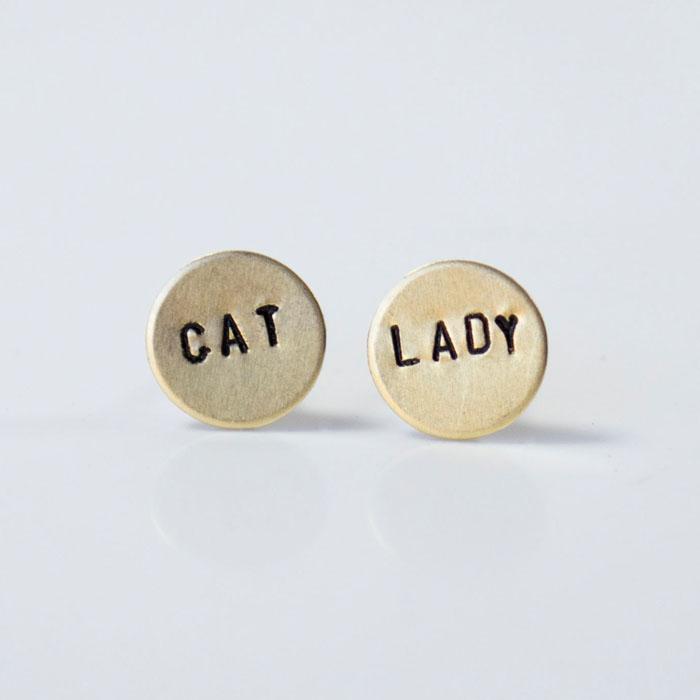 CAT LADY Earrings – Hand Stamped Titanium Studs | Hypoallergenic Gift for Cat Lovers