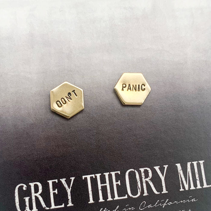 DON'T PANIC! Hand-Stamped Hexagon Earrings - made/w hypoallergenic titanium earring posts