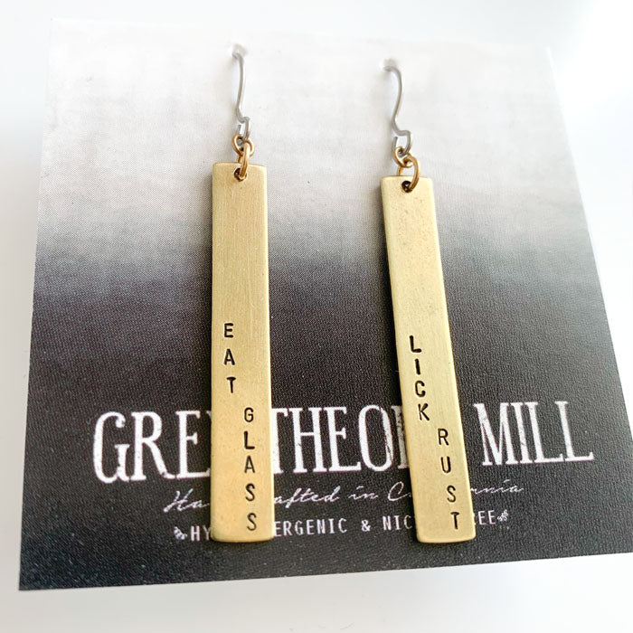 EAT GLASS LICK RUST, Schitt's Creek Inspired Hand Stamped, Bar Dangle Earrings made with hypoallergenic earring hooks