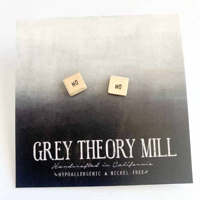 HO HO, Holiday love, Square Hand Stamped Earrings -- LIMITED RELEASE