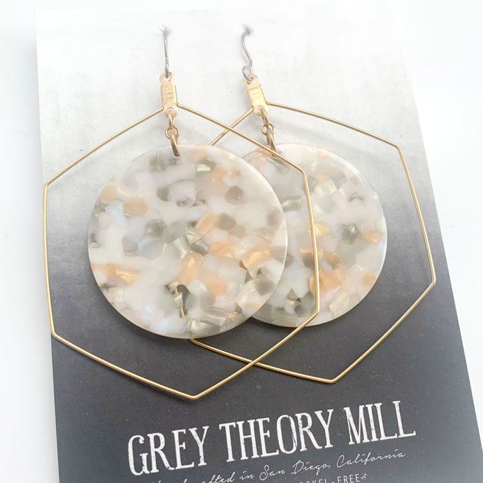 White Terrazzo Tortoise Shell Circle Dangle Earrings - LIMITED RELEASE