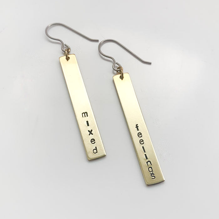 mixed feelings, Hand Stamped, Bar Dangle Earrings made with hypoallergenic earring hooks