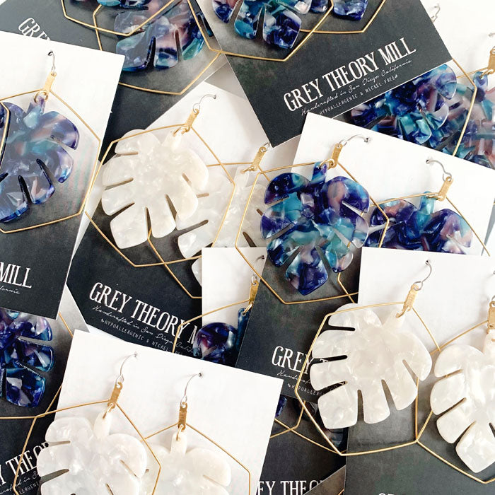 Monstera Leaf Earrings in BLUE or WHITE - Tropical Plant Jewelry - LIMITED RELEASE