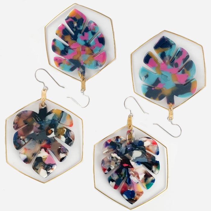 Tortoise Shell Monstera Acetate Dangle Earrings - LIMITED RELEASE