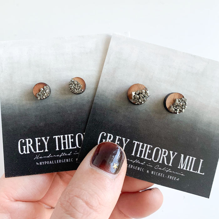 Wooden Circle dipped in Crushed Pyrite Earrings - LIMITED RELEASE