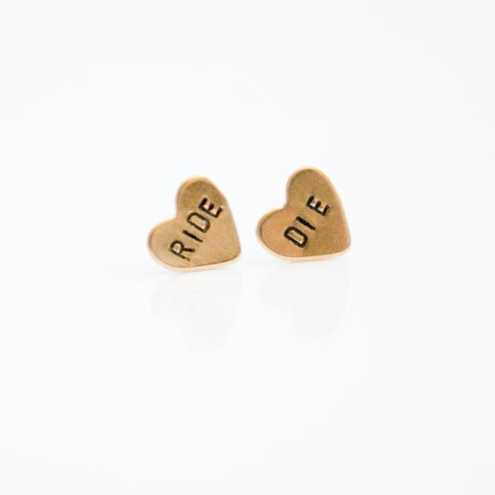 Ride or Die earrings, heart-shaped best friend jewelry for bridesmaids or BFFs