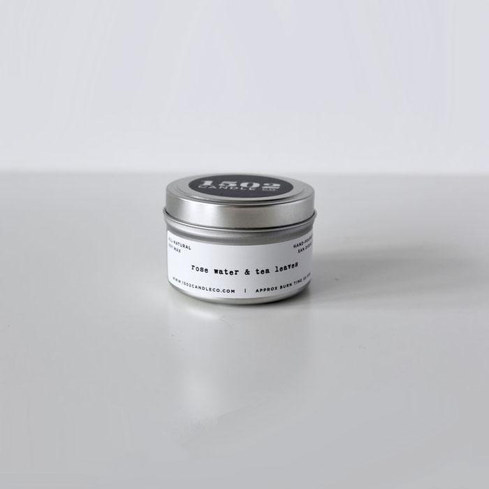 rose water & tea leaves soy wax candle - 6oz travel tin