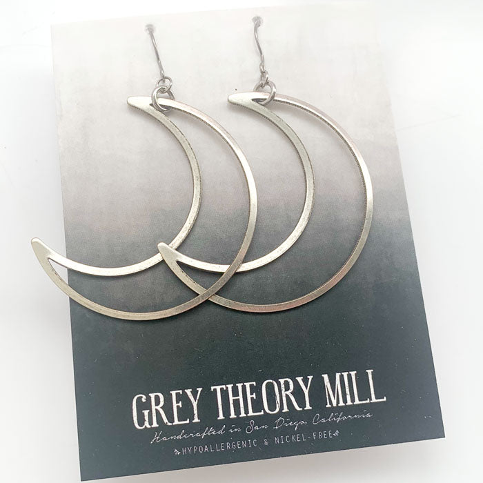 Silver Crescent Moon Dangly Earrings - made w/hypoallergenic titanium earring hooks