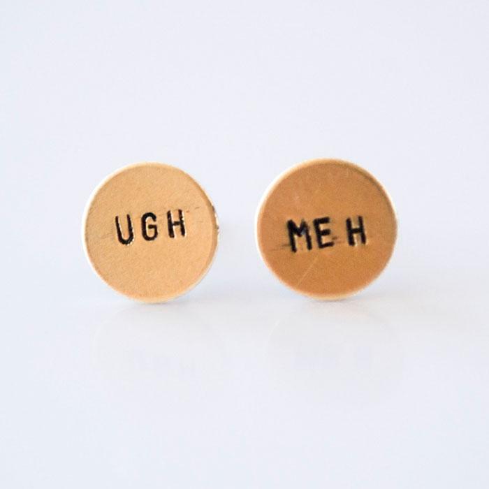 UGH MEH Earrings – Funny Hand Stamped Gold Studs | Minimalist Jewelry
