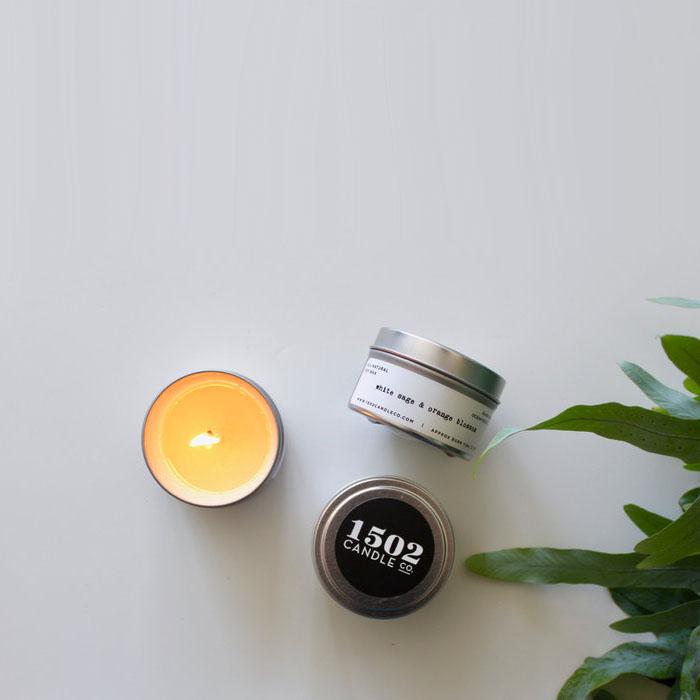white sage & orange blossom soy wax candle - 6oz travel tin