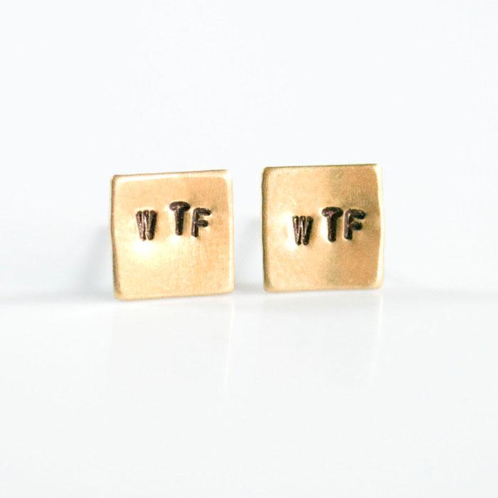 Hand stamped WTF earrings on gold square studs